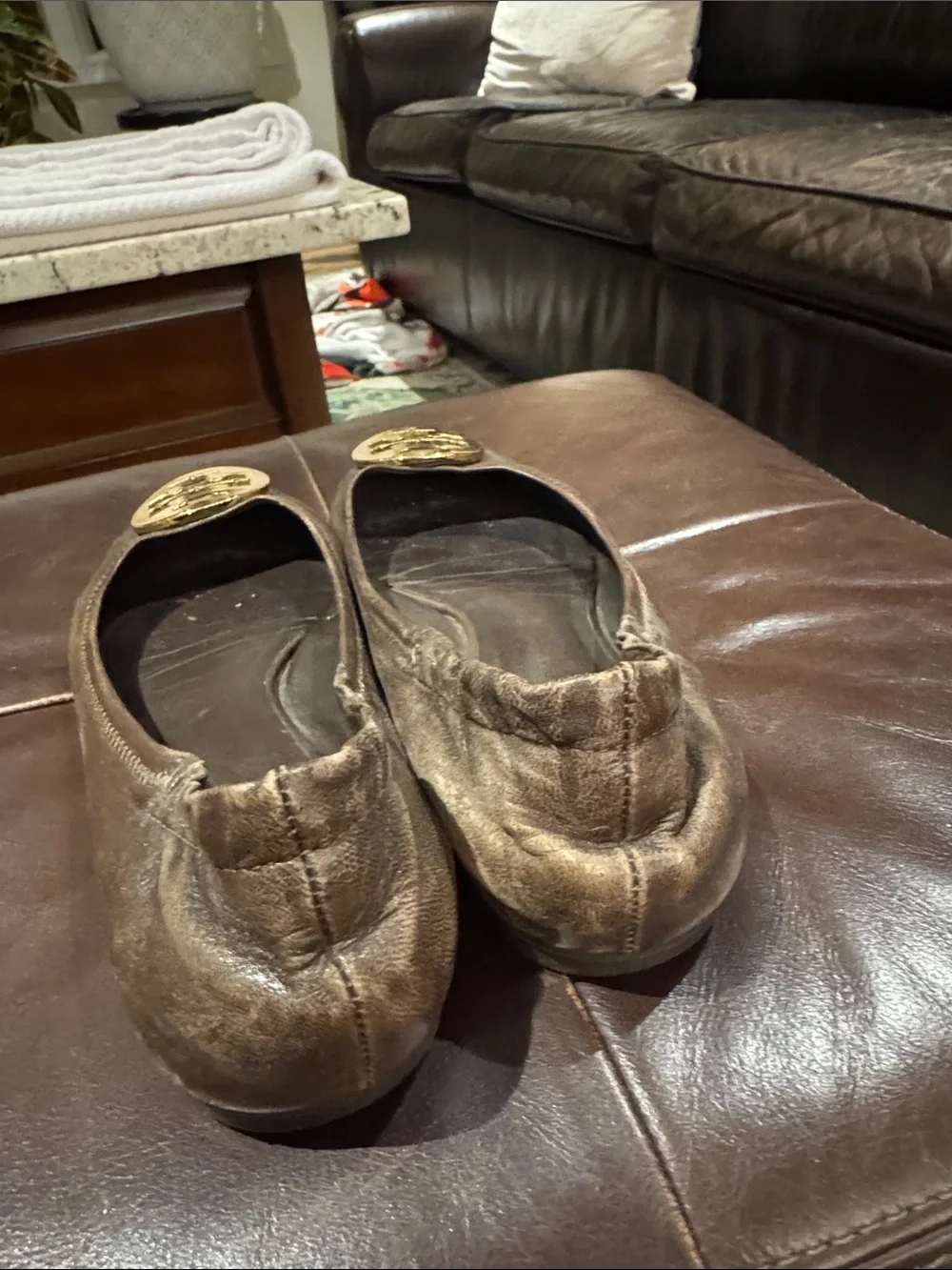 Tory Burch Brown Leather Ballet Flats with Gold Logo Medallion